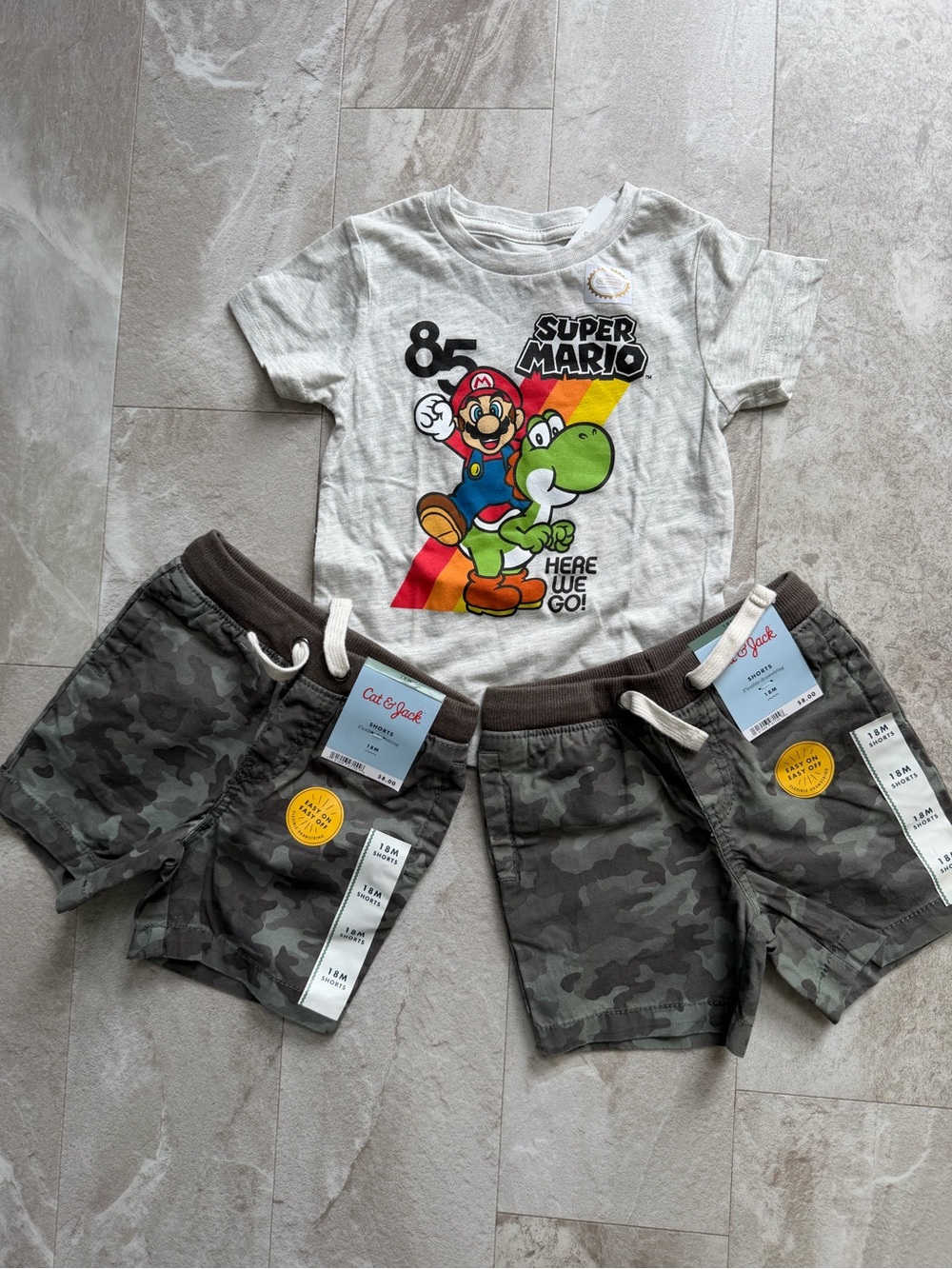 Super Mario Graphic Tee with Yoshi - Light Heather Gray plus camo shorts 18m